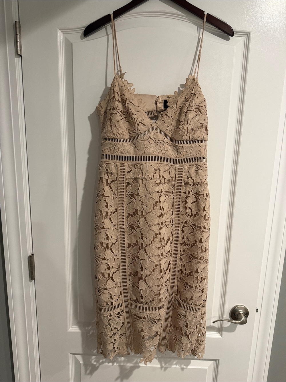 Floral Lace Midi Dress in Beige with Spaghetti Straps